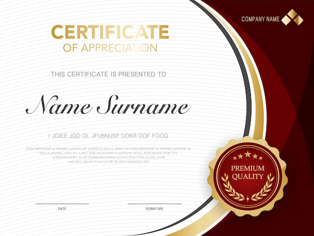 Modelo de certificado de diploma de cor vermelha e dourada com imagem vetorial de luxo e estilo moderno.