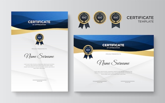 Modelo de certificado de diploma elegante azul e dourado
