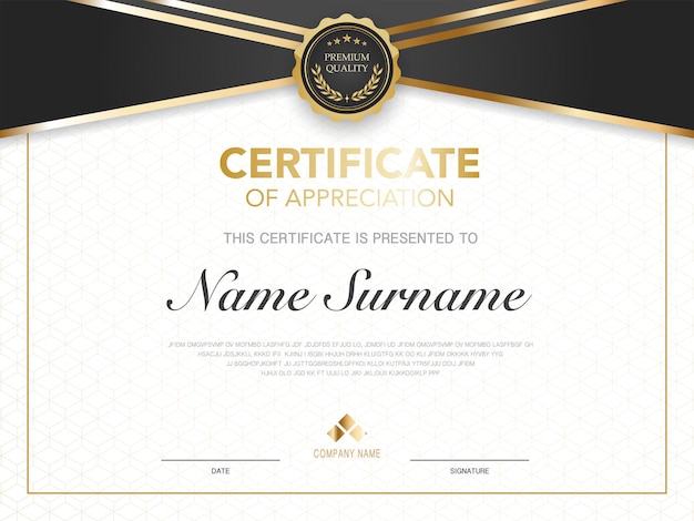 modelo de certificado de diploma em preto e dourado com imagem vetorial de estilo moderno e luxuoso