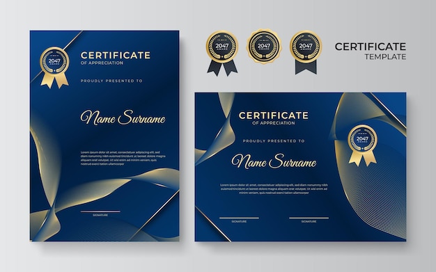 Modelo de certificado de diploma moderno elegante em azul e ouro. limpe o certificado moderno com crachá de ouro. modelo de borda de certificado com padrão de linha de luxo e moderno. modelo de vetor de diploma