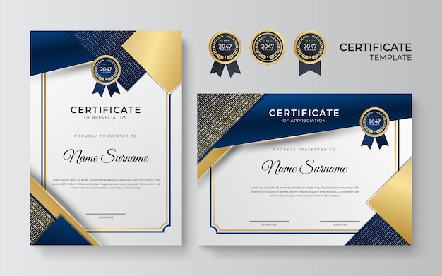 Modelo de certificado de diploma moderno elegante em azul e ouro. limpe o certificado moderno com crachá de ouro. modelo de borda de certificado com padrão de linha de luxo e moderno. modelo de vetor de diploma