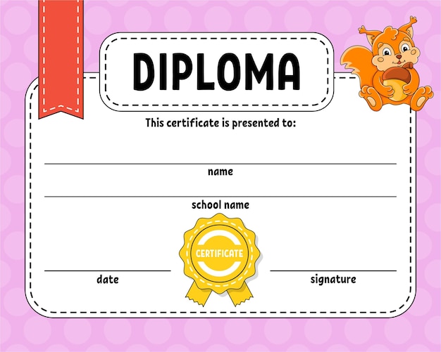 Modelo de certificado de diploma para escola e pré-escolar para crianças e crianças ilustração vetorial