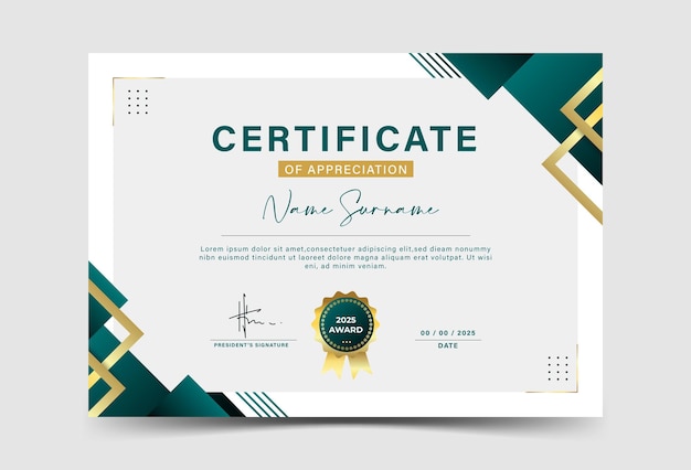 Modelo de certificado de obtenção de efeitos geométricos verde escuro e dourado Variedade Premium