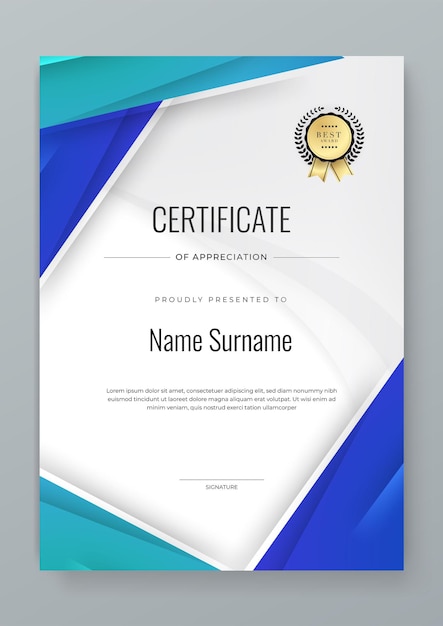 Modelo de certificado de realização branco e azul com lugar para o seu conteúdo desenho branco preto e dourado