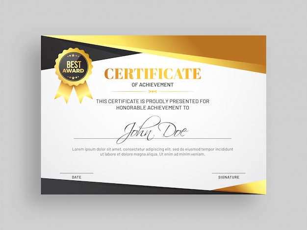 Modelo de certificado de realização com design e emblema cinza e dourado.