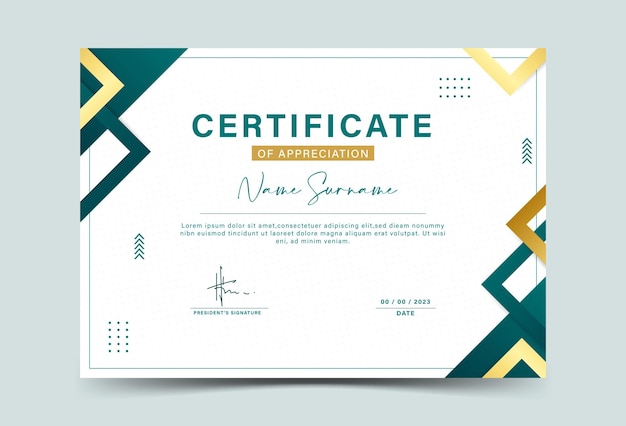 Modelo de certificado de realização de efeito geométrico verde escuro e dourado modelo vetor em branco