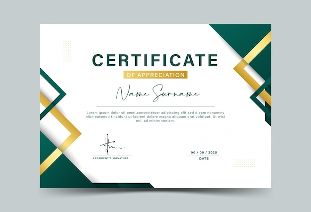 Modelo de certificado de realização de efeito geométrico verde escuro e dourado