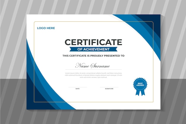 Modelo de certificado de realização vintage de vetor gratuito projeto profissional de vetor em azul.