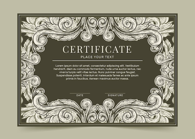 Vetor modelo de certificado decorativo desenhado à mão para gravura