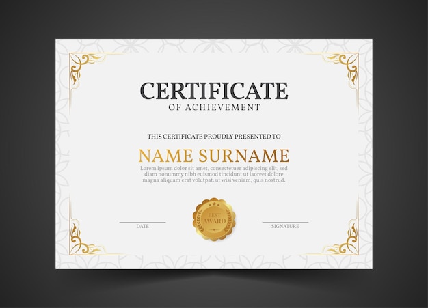 Modelo de certificado elegante e luxuoso com emblema