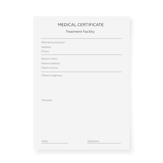 Modelo de certificado médico em branco formulário de documento para informações sobre doenças