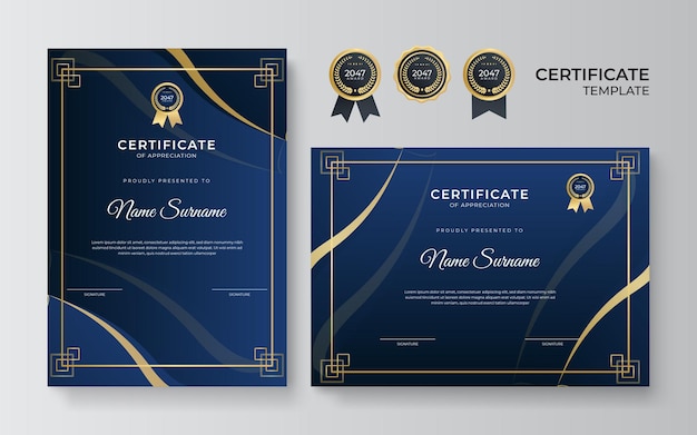 Modelo de certificado moderno de azul e ouro. modelo de certificado de diploma com borda definida com emblemas para prêmio, negócios e educação