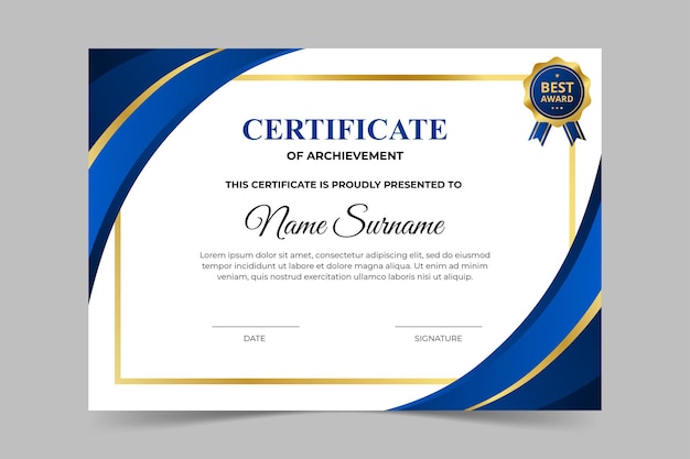 Modelo de certificado moderno e elegante em azul e ouro