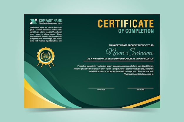 Vetor modelo de certificado moderno verde e dourado