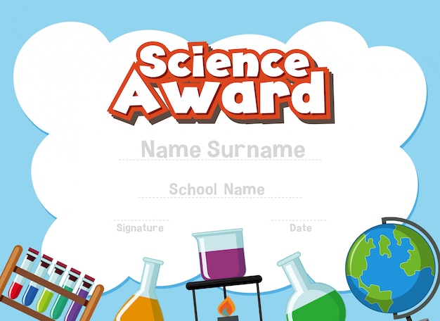 Modelo de certificado para o prêmio de ciência com equipamentos de ciência em segundo plano