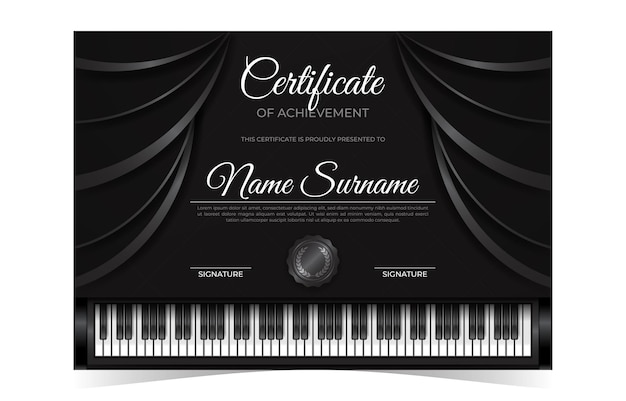 Modelo de certificado profissional de piano de música temática luxo e realista