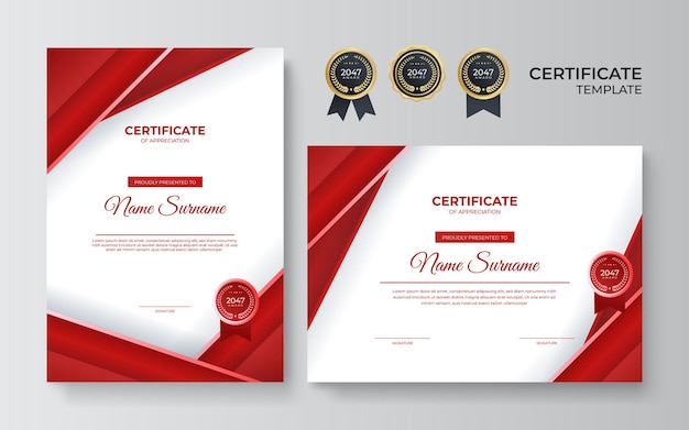 Modelo de certificado vermelho moderno e borda para diploma de prêmio e impressão Certificado elegante vermelho e dourado de modelo de conquista com crachá de ouro e borda