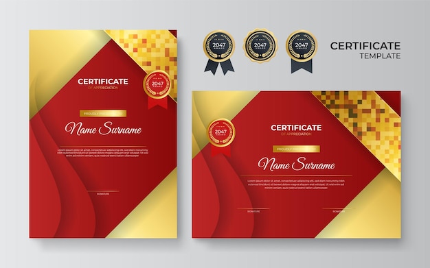 Modelo de certificado vermelho moderno e borda para diploma de prêmio e impressão certificado elegante vermelho e dourado de modelo de conquista com crachá de ouro e borda