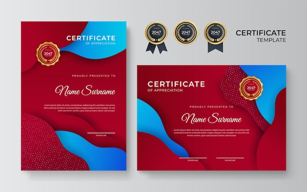 Modelo de certificado vermelho moderno e borda para diploma de prêmio e impressão certificado elegante vermelho e dourado de modelo de conquista com crachá de ouro e borda