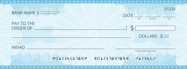 Modelo de cheque azul de cheque de cheque bancário em branco