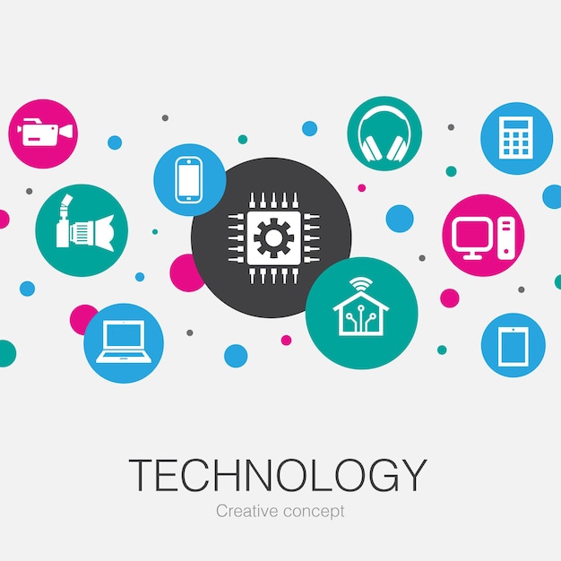 Modelo de círculo da moda de tecnologia com ícones simples. contém elementos como casa inteligente, câmera fotográfica, computador tablet, smartphone