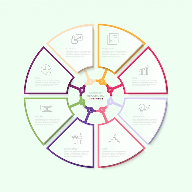 Modelo de círculo infográfico com ícones e 8 opções ou etapas.