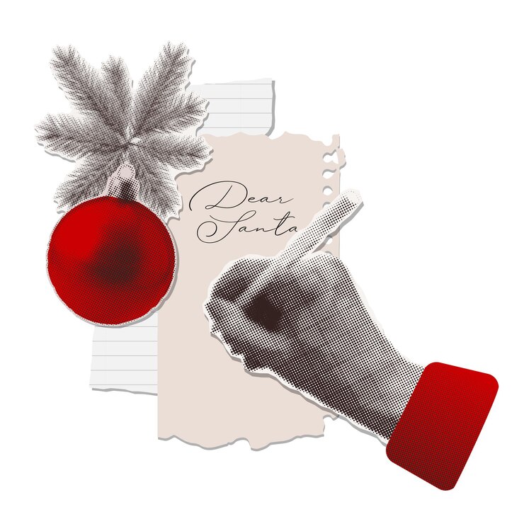 Vetor modelo de conceito de colagem de meio tom de natal com uma mão recortada escrevendo uma carta para o papai noel isolado