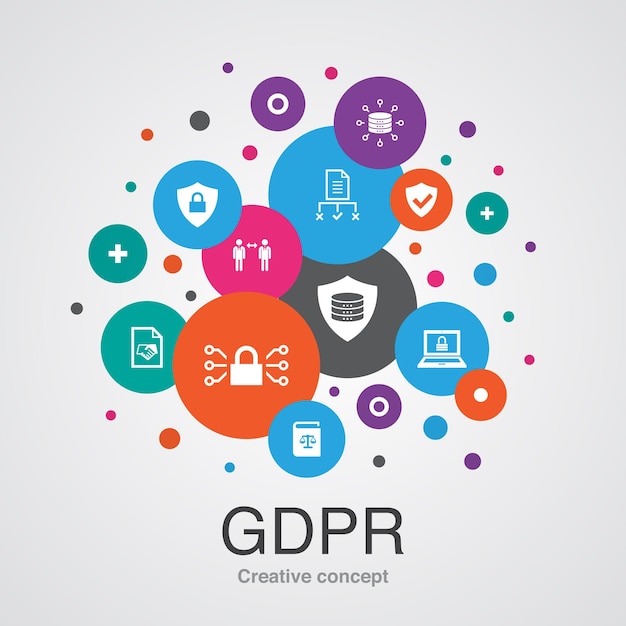 Modelo de conceito de gdpr. estilo de design moderno. contém ícones como dados, privacidade eletrônica, acordo, proteção