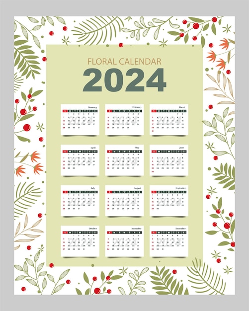 Vetor modelo de conjunto de calendários florais para o ano 2024