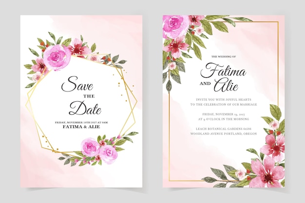 Modelo de conjunto de cartão de convite de casamento com flores cor de rosa e aquarela de folhas