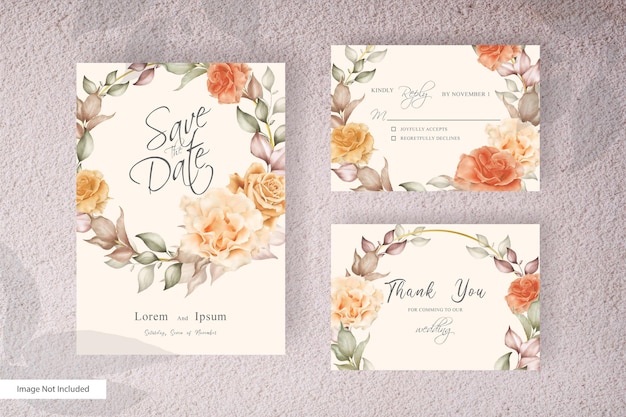 Modelo de conjunto de cartão de convite de casamento elegante com flores e folhas. arranjo rústico vintage