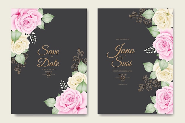 Modelo de conjunto de cartão de convite de casamento elegante com lindas flores e folhas em aquarela