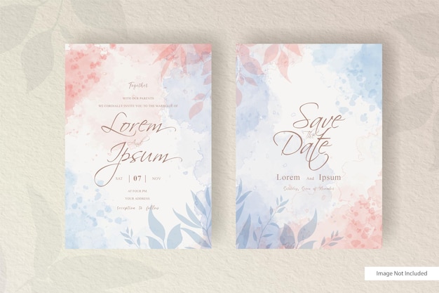 Modelo de conjunto de cartão de convite de casamento minimalista com arranjo floral simples e aquarela líquida pintada à mão