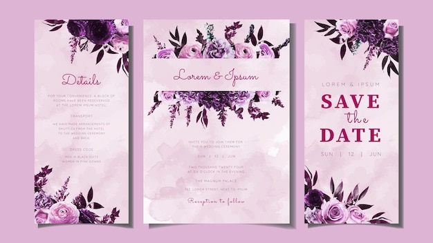 Modelo de conjunto de moldura de cartão de convite de casamento de flores lindas