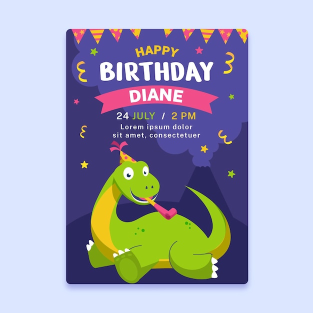 Vetor modelo de convite de aniversário de dinossauro plano