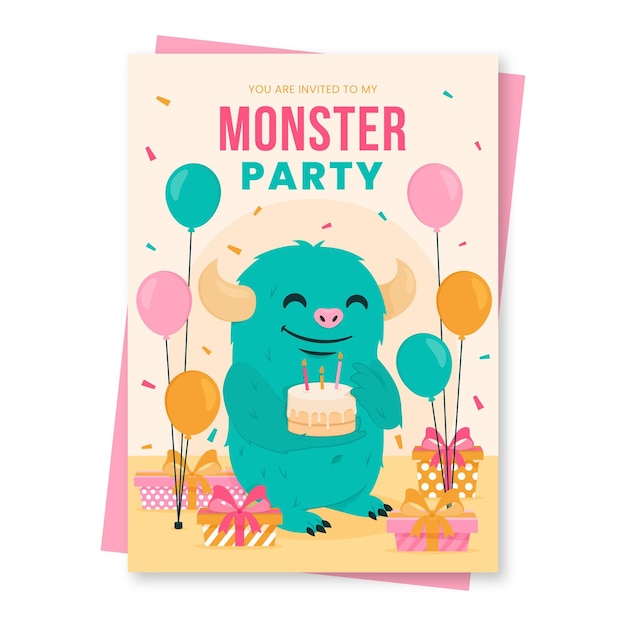 Modelo de convite de aniversário de monstros planos