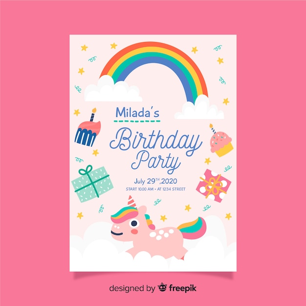 Modelo de convite de aniversário infantil com arco-íris