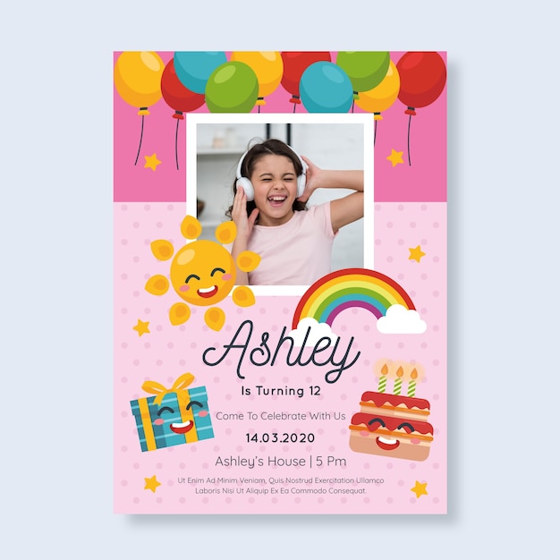 Vetor modelo de convite de aniversário infantil com foto
