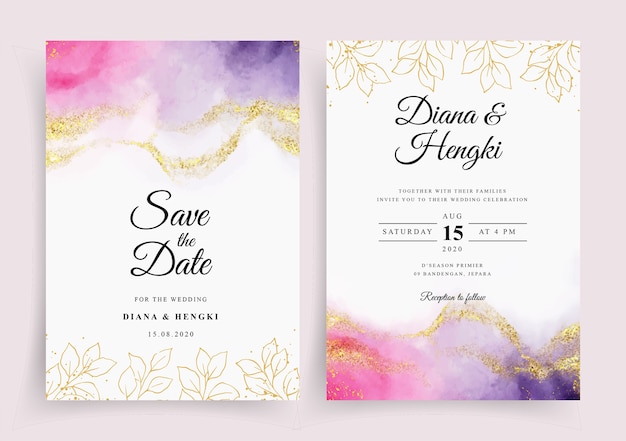 Modelo de convite de cartão de casamento elegante com aquarela pintada à mão