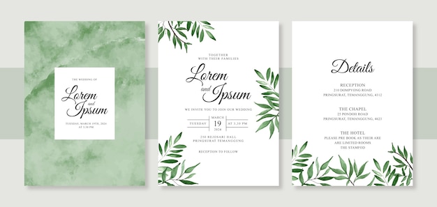 Modelo de convite de cartão de casamento minimalista com folhagem e aquarela pintada à mão