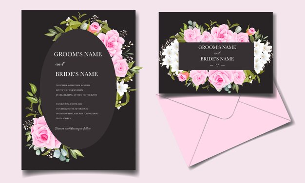 Modelo de convite de casamento bonito conjunto com moldura floral rosa suave e decoração de borda