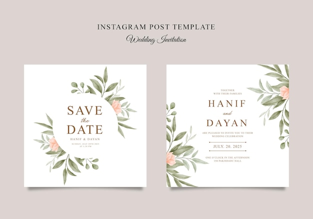 Modelo de convite de casamento com aquarela floral para postagem de mídia social