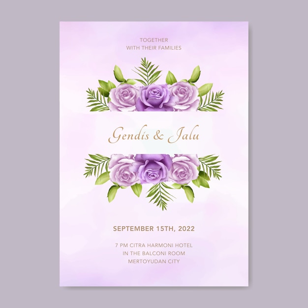 Modelo de convite de casamento com bela aquarela floral roxa