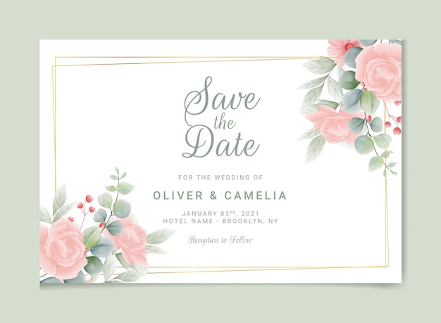 Modelo de convite de casamento com cartão de agradecimento flor floral em aquarela rosa branca e folhas