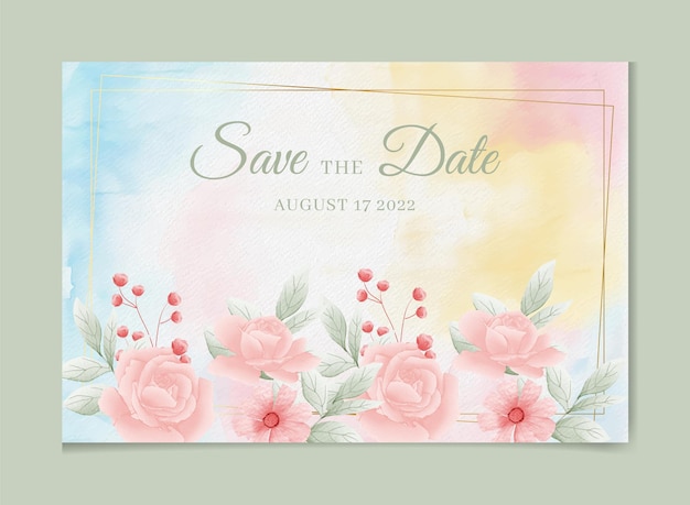 Modelo de convite de casamento com cartão de agradecimento flor floral em aquarela rosa branca e folhas