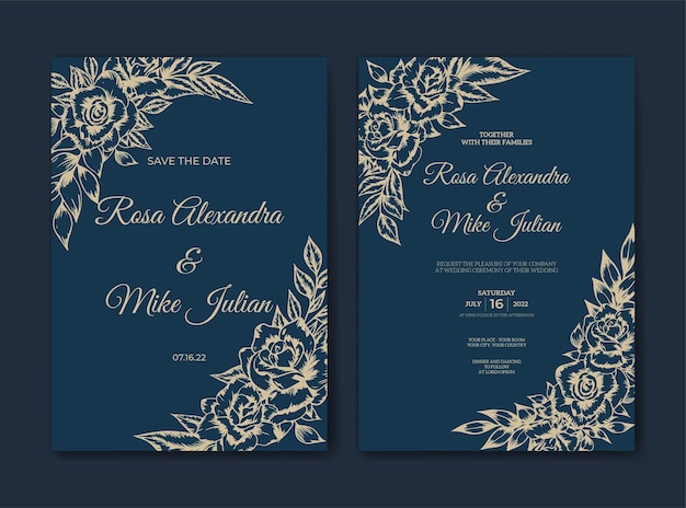 Modelo de convite de casamento com decoração de flores de contorno desenhado à mão