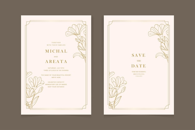 Modelo de convite de casamento com decoração floral de contorno de cor dourada