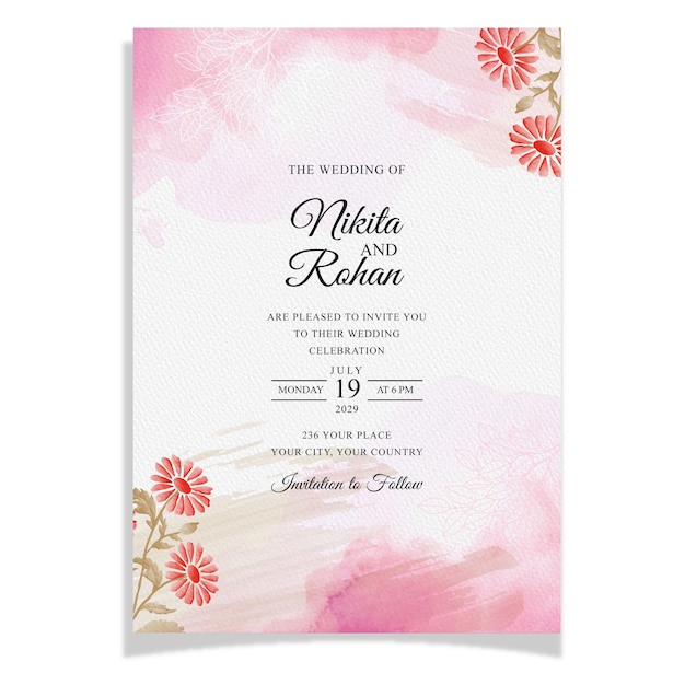 Modelo de convite de casamento com decoração floral desenhada à mão