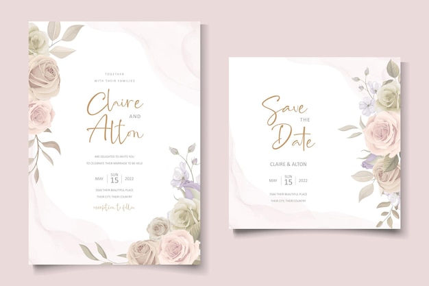Modelo de convite de casamento com decoração floral e folhas
