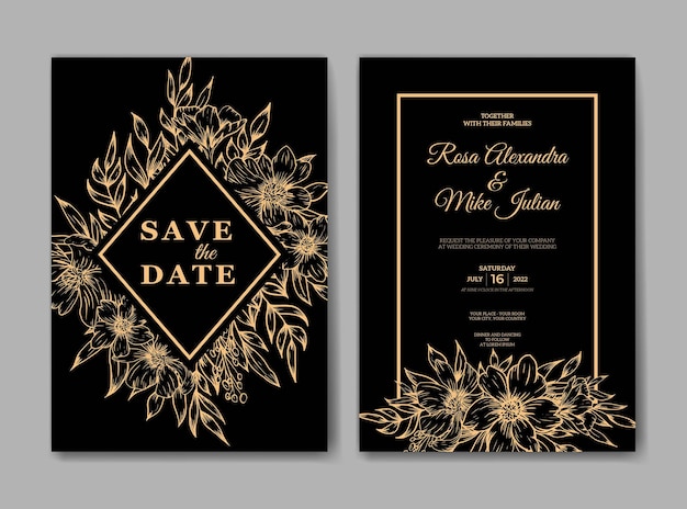 Modelo de convite de casamento com flor de contorno dourado
